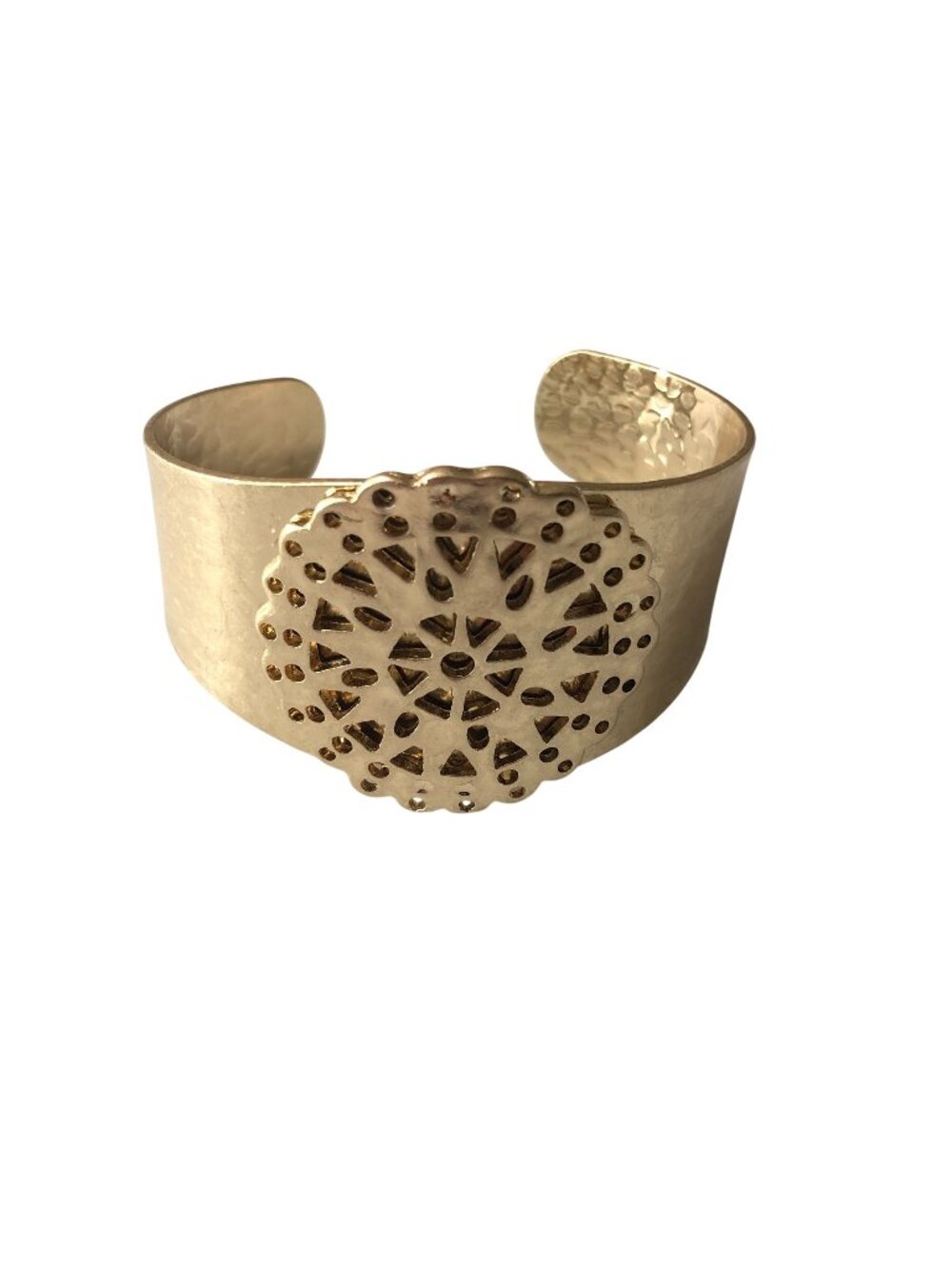 Chicos Gold Toned Cuff Bracelet Wide Hammered Band Circular Geometric Medallion